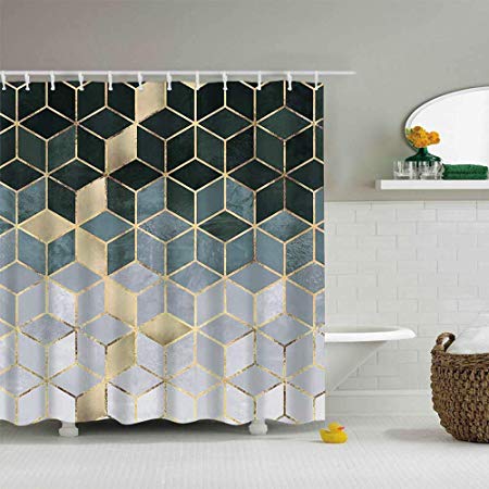 YoKii Geometric Fabric Shower Curtain, Green-Black Ombre Cubes Dazzling Diamond Polyester Bath Curtain Set, 72-Inch Spa Hotel Heavy Weighted Bathroom Decor Curtains (72 x 72, Gradient Cubic)
