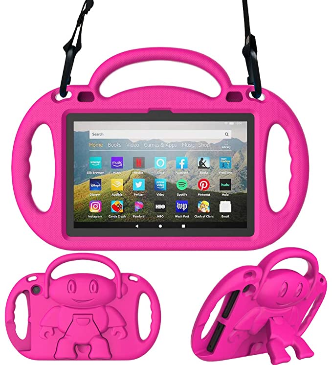 eTopxizu Kids Case for All-New Amazon Fire HD 8/ HD 8 Plus (10th Generation, 2020 Release), Lightweight Shock Proof Kids Friendly Handle Stand Case with Shoulder Strap for All-New Fire HD 8, Rose Pink