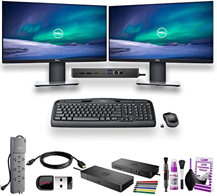 Home Office - Dual Dell Monitor Bundle - 2 Dell P2219H 22" Monitors with Dell WD19 Dock - Logitech MK320 Keyboard and Mouse - Surge Protector - HDMI Wire, USB Key, and More