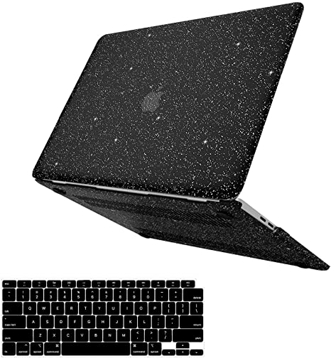 Anban Compatible with MacBook Air 13 Inch Case 2021 2020 2019 2018 Release A2337 M1 A2179 A1932 with Touch ID, Glitter Smooth Leather Laptop Hard Shell Case with Keyboard Cover, Shining Black