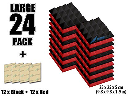 Arrowzoom New 24 Pack of Red & Black (9.8 in X 9.8 in X 1.9 in) Soundproofing Insulation Pyramid Acoustic Wall Foam Padding Studio Foam Tiles AZ1034 (RED&BLACK)