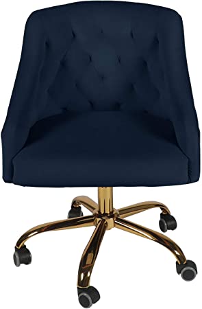 LYNSLIM Velvet Chair - 360° Swivel Height Adjustable Home Office Chair for Living Room Bedroom Modern Mid-Back Tufted Vanity Chair, Gold Star Base& Large Sitting Depth (Navy)