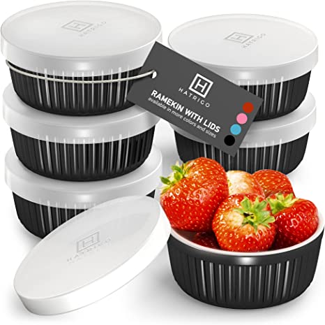 Hatrigo Porcelain Ramekins with Silicone Storage Lids, Set of 6 Black Ramekins, 8 oz Oven Safe to 450 deg F, Dishwasher Safe