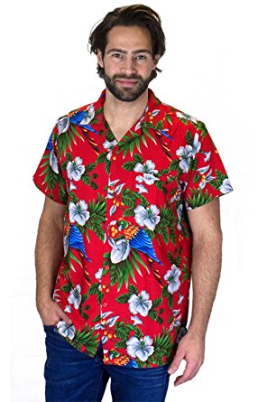 Funky Hawaiian Shirt Men Shortsleeve Frontpocket Hawaiian-Print Parrot Cherry Leaves Allover