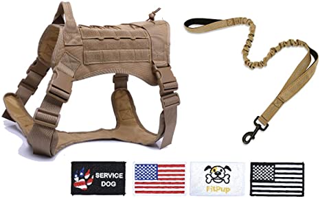 FitPup Tactical Dog Harness and Bungee Dog Leash Set for Medium Large & XL Dogs – K9 Military Molle Vest for Service & Training with Metal Buckles & Loop Panels – Adjustable Hunting Hiking Walking