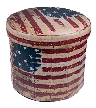 Premium Red, White, and Blue Circular American Flag Themed Folding Ottoman Storage Organizer