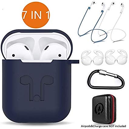 AirPods Case 7 in 1 Airpods Accessories Kits Protective Silicone Cover and Skin for Apple Airpods Charging Case with Airpods Ear Hook Grips/Airpods Staps/Airpods Clips/Skin/Tips/Grips Blue by Amasing