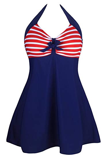 Aleumdr Women's Vintage Sailor Pin Up One Piece Skirtini Cover Up Swimdress