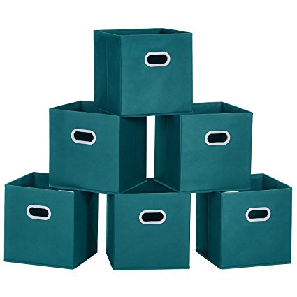 Cloth Storage Bins, MaidMAX Set of 6 Nonwoven Foldable Collapsible Organizers Basket Cubes with Dual Plastic Handles for Gift, Teal