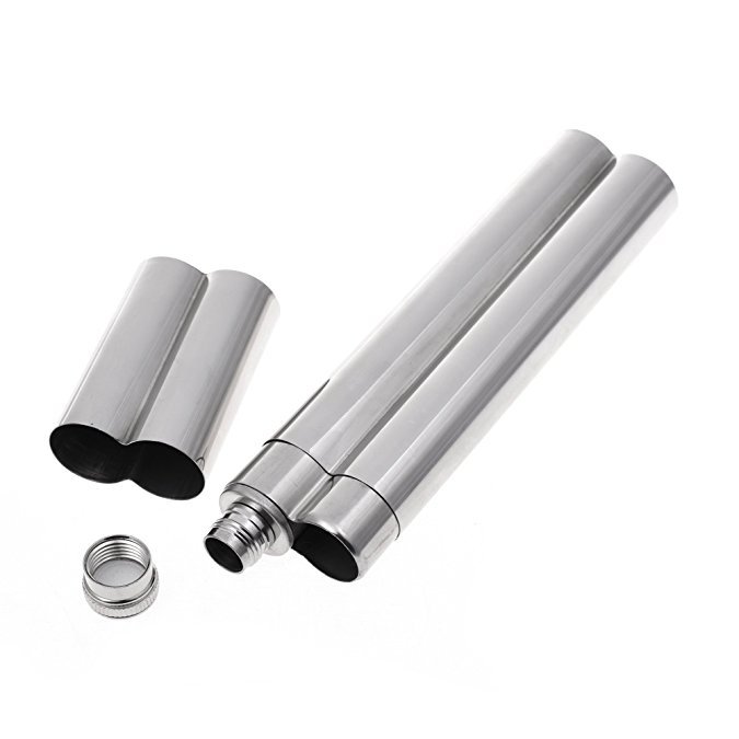 Kloud City 2 Ounce Stainless Steel Tubed Pocket Wine Whiskey Flask Tubes with Cigar Storage Case Tube Holder