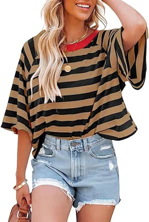 Dokotoo Tops for Women Striped 2024 Fashion T Shirts for Women Color Blocking Design Loose Basic Tee