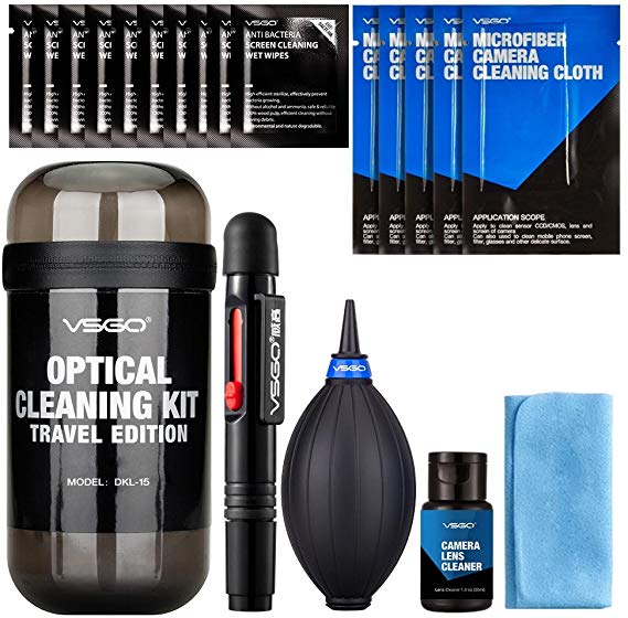 VSGO DSLR or SLR Digital Camera Cleaning Kit with Microfiber Camera Cleaning Cloth, Screen Cleaning Wet Wipes, Air Blower, Lens Duster aka Lens Pen and 30ml Lens Cleaner, Black (DKL-15-Black)