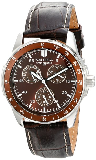 Nautica Mens N09550G Windseeker Stainless Steel Watch with Brown Leather Band