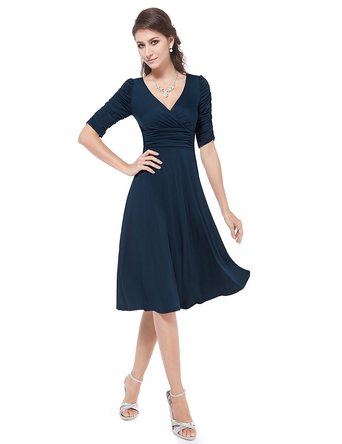 Ever Pretty 3/4 Sleeve Ruched Waist Classy V-Neck Casual Cocktail Dress 03632