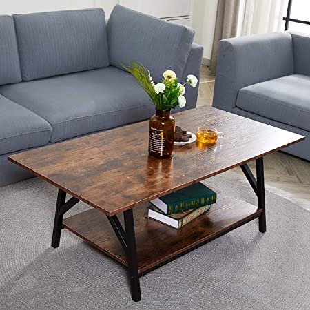 CO-Z 47" Industrial Coffee Table with Storage Shelf, Solid Wood and Metal Legs for Living Room, 2-Tier Accent Cocktail Table, Easy Assembly, Rustic Brown