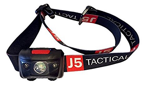 J5 Tactical LED Headlamp Flashlight with Red Lights for Tracking or Reading - Outdoor Running, Camping, Backpacking, Fishing, Hunting, Climbing, Walking, Jogging - Water Resistant