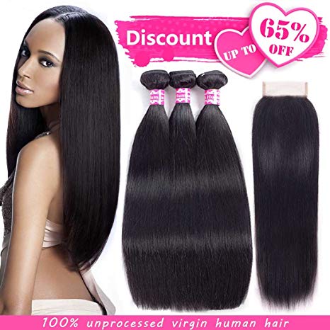 Straight Hair Bundles with Closure 100% Virgin Human Hair Bundles Straight Unprocessed Brazilian Remy Hair Extensions with Lace Closure (12 14 16 with12 Free Part)
