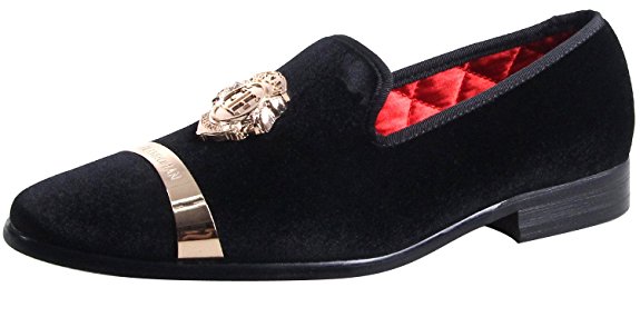 ELANROMAN Men's Velvet Loafers Shoe With Gold Plate Slippers Loafers & Slip-Ons Smoking Slipper Men Velvet Shoes Black 6 Color