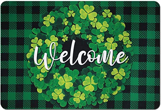 St. Patrick's Day Doormat Lucky Shamrocks Printed Doormat Green Shamrocks Leaves Area Rugs Non Slip Rubber Entrance Bathroom Front Door Rug Irish Floor Welcome Mat for Indoor Outdoor, 15.7 x 23.6 Inch