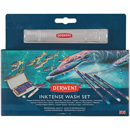 Derwent Inktense Wash Set, Includes 8 Inktense Pencils, 1 Spritzer, 1 Waterbrush, 1 Paint Brush (2302584)
