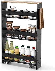 COSTWAY Slim Rolling Storage Cart, 4-Tier Rolling Utility Cart, Wood Kitchen Storage Cart with Handle & Wheels, Narrow Rolling Shelving Unit for Kitchen Bathroom Laundry Small Places (Dark)