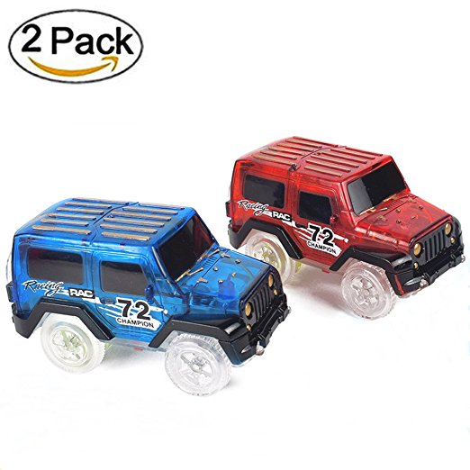 Car Track,MIGE Light Up Toy Car(2-Pack) Glow in the Dark Racing Track Accessories Compatible with Most Tracks,Boys and Girls(Blue and Red)
