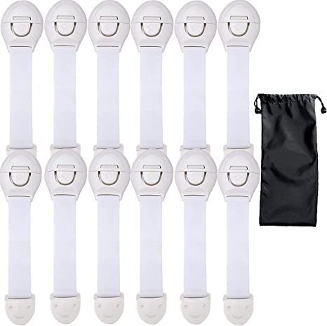 Child Proof Safety Locks - Baby Proof Locks with Adjustable Strap, 3M Adhesive and Apply to Wardrobes, Cabinets, Drawers, Appliances, Toilet Seat, Fridge & Oven (12-Pack)