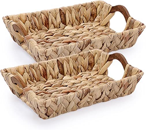 Hipiwe 2 PCS Wicker Baskets Tray with Wooden Handles Water Hyacinth Handwoven Storage Baskets Tray for Kitchen Bathroom Shelves Organizing