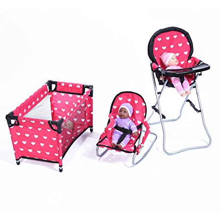 3-1 Doll Mega Playset with Doll High Chair, Doll Bouncer and Pack N Play for 18 Inch Dolls