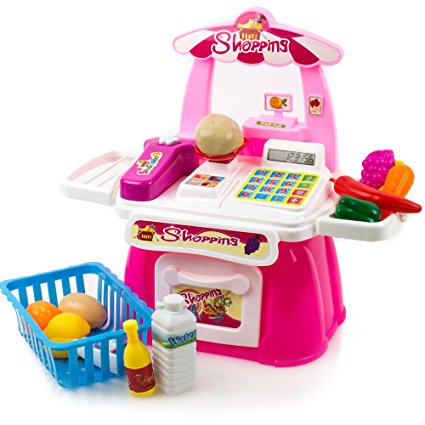 Toysery Educational Toyset Shopping Cart for Kids, Pretend Play Set Grocery Store Supplies Includes Toy Cash Register with Scanner, Checkout Counter.