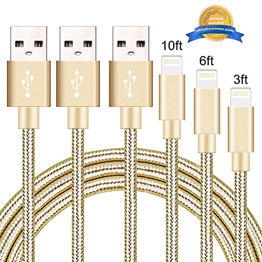 BULESK iPhone Cable 3Pack 3FT 6FT 10FT Nylon Braided Certified Lightning to USB iPhone Charger Cord for iPhone 7 Plus 6S 6 SE 5S 5C 5, iPad 2 3 4 Mini Air Pro, iPod - Gold