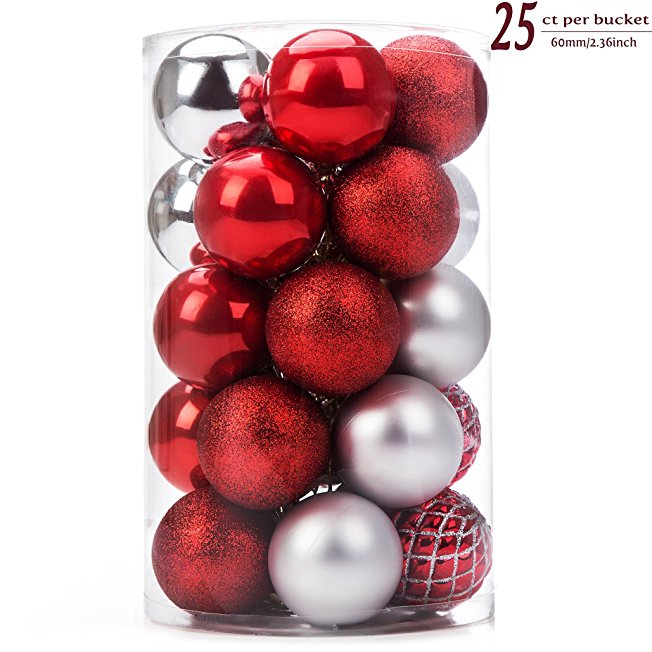 IPEGTOP Christmas Balls Ornaments - 25ct Shatterproof Classic Red and Silver Shiny Glitter Matte Baubles for Holiday Wedding Party Christmas Tree Decorations, 60mm/2.4inch