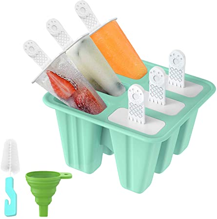 Popsicle Molds, Ouddy 6 Pieces Silicone Popsicle Molds DIY Reusable Ice Pop Molds - Easy Release Popsicle Maker with Silicone Funnel & Cleaning Brush(Green)