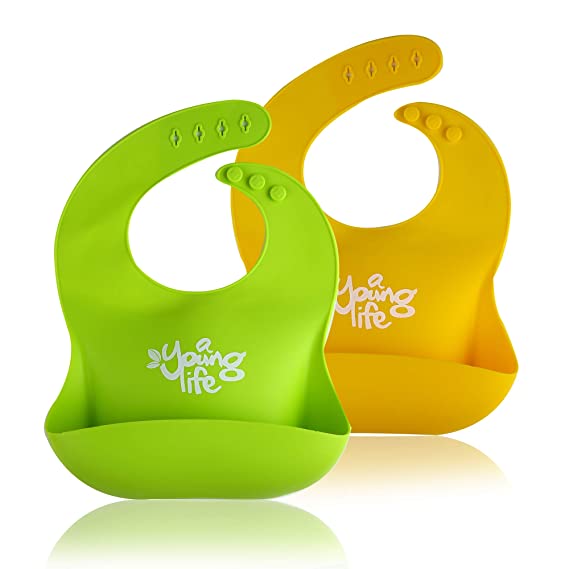 A Young Life Set of 2 Cute Silicone Baby Bibs for Babies & Toddlers (10-72 Months) Waterproof, Soft, Unisex, Non Messy - Mango/Lime Green