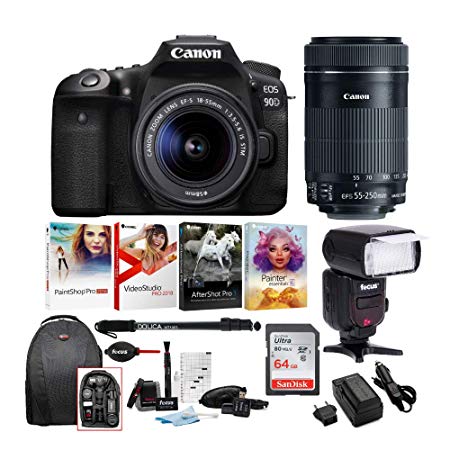 Canon EOS 90D DSLR Camera with EF-S18-55mm f/3.5-5.6 IS STM Lens & EF-S 55-250mm f/4-5.6 IS STM Zoom Lens, TTL Flash, Dolica Monopod, Backpack, Spare Battery & Professional Accessory Bundle (10 Items)