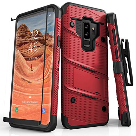 Zizo Bolt Series Samsung Galaxy S9 Plus Case - Full Curved Glass Screen Protector with Holster and 12ft Military Grade Drop Tested (Red & Black)