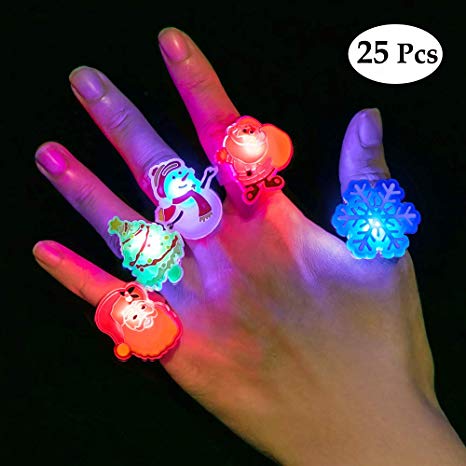 BUDI 25Pcs Christmas Party Favors LED Finger Lights for Kid & Adults Light Up Rings Stocking Stuffers Light Up Toys Rings Party Decorations Assorted Styles with Gift Package