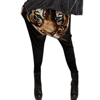 Ladies Tiger Head Pattern Stretchy Casual Harem Pants Black Xs