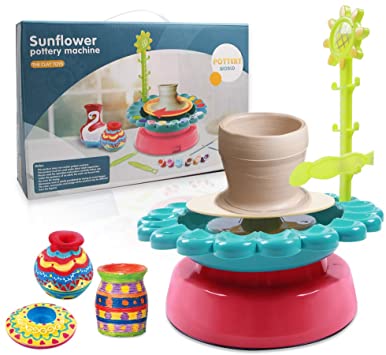 Mookis Sunflower Pottery Wheel - DIY Air Dry Sculpting Clay and Craft Paint kit for Kids Aged 8 and Up - Electric Ceramic Wheel Machine with 2 Clay, Educational Toys Kids Crafts