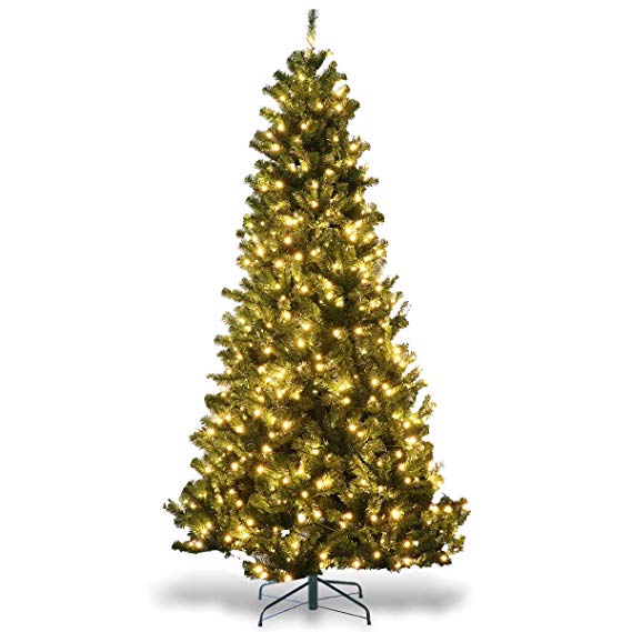 COSTWAY Artificial Christmas Premium Spruce Hinged Tree with LED Solid Metal Stand, UL-Certified Transformer (7.5 ft, 1346 Branch Tips, 750 Lights), Green