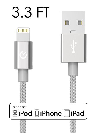 [Apple MFi Certified] Volts 3ft Silver Nylon Braided Lightning to USB Cable Charger w/ Aluminum Case on 8 pin Connector. Tangle Free Premium Accessories Made for iPhone, iPad, iPod. (3.3ft / 1 meter Silver)
