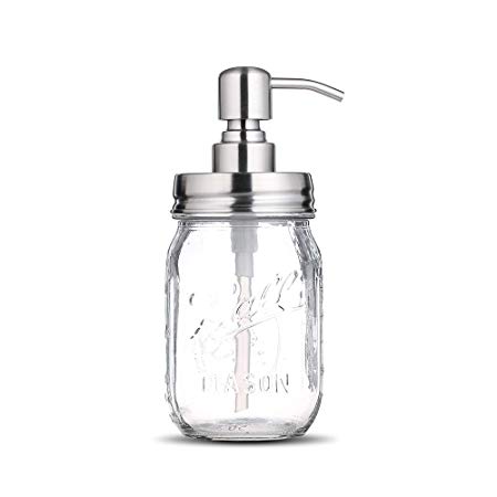 Bonris 16oz Clear Glass Jar Soap Dispenser with Stainless Steel Pump Classic Decor for Bathroom Kitchen Farmhouse Decor Great for Essential Oils, Lotions, Liquid Soaps(Stainless Steel)