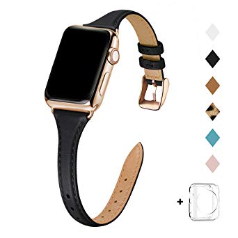 Bestig Leather Band Compatible for Apple Watch 38mm 40mm 42mm 44mm, Slim Thin Genuine Leather Replacement Strap for iWatch Series 5/4/3/2/1 (Black Band StainlessGold Adapter, 42mm 44mm)
