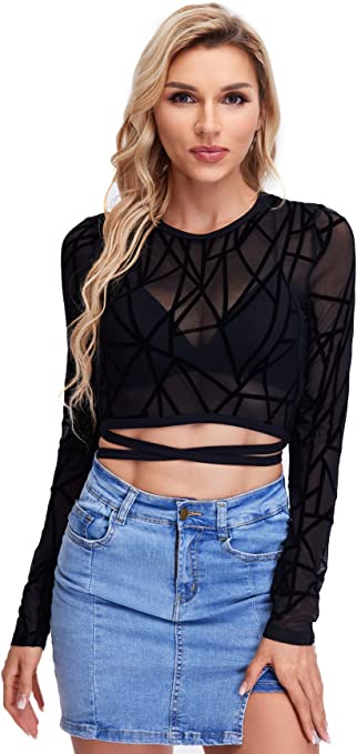 Milumia Women's Sheer Fishnet Mesh Crisscross Tie Long Sleeve Crop Tee Tops