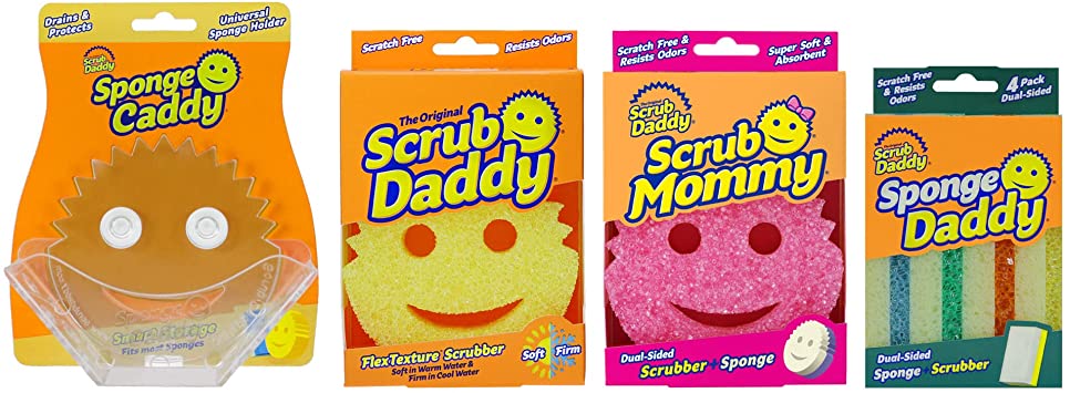 Scrub Daddy Sponge Starter Sink Bundle - Dishwashing and Home Cleaning Bundle, Contains 1 Scrub Daddy, 1 Scrub Mommy, 1 Sponge Daddy 4ct, and 1 Sponge Daddy