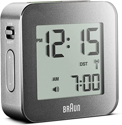 Braun Digital Multi-Region Radio Controlled Travel Clock with Snooze, Compact Size, Positive LCD Display, Quick Set, Beep Alarm in Grey, Model BNC008GY-RC, Black