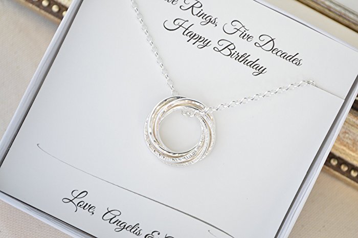 50th Birthday necklace for wife, 50th Birthday gift for women, 5th Anniversary gift for her, 5 Interlocking rings necklace, Sister necklace