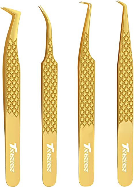 TrendGenics Eyelash Extensions Tweezers Professional Lash Tweezers for Volume, Isolation & Classic False Lashes Stainless Steel Hand Calibrated Straight and Curved Tips Precision Tweezers Set 4 Pcs