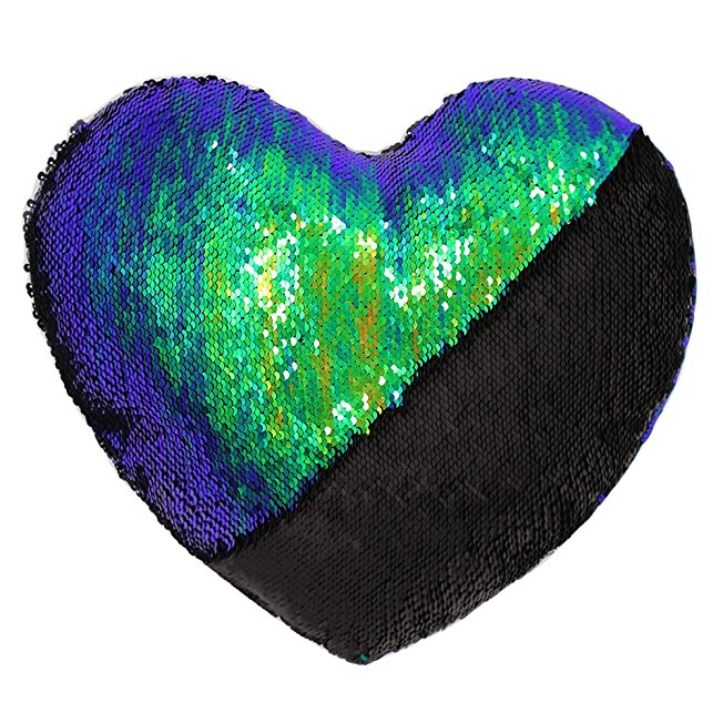 Mermaid Throw Pillows,Two-color Reversible Sequins Mermaid Heart-Shaped Pillow Cover with Insert 13''×15''(Black/Fancy Green)