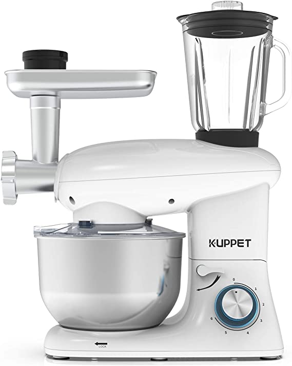 KUPPET 3 in 1 Stand Mixer, 6 Speed Electric Mixer, Tilt Head Kitchen Mixer with Meat Grinder and Juice Blender, 6 Quarts 850W Food Mixer - White